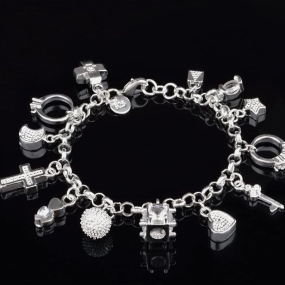 Silver played  Charm Bracelet with Keys Hearts and Beads
